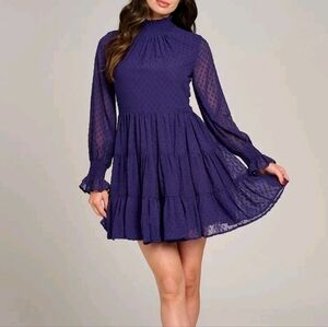 Long Sleeve Mock Neck Tierred Swiss Dot  Dress Purple